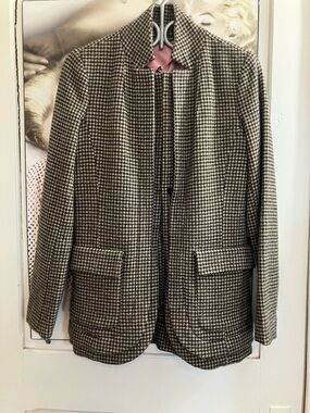 Eddie Bauer Wool Black & Cream Houndstooth Blazer with Pink Lining